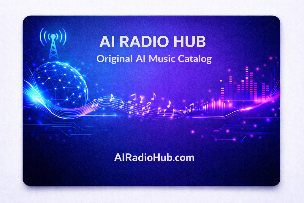 AI Radio Hub business card showing original AI-assisted music catalog branding
